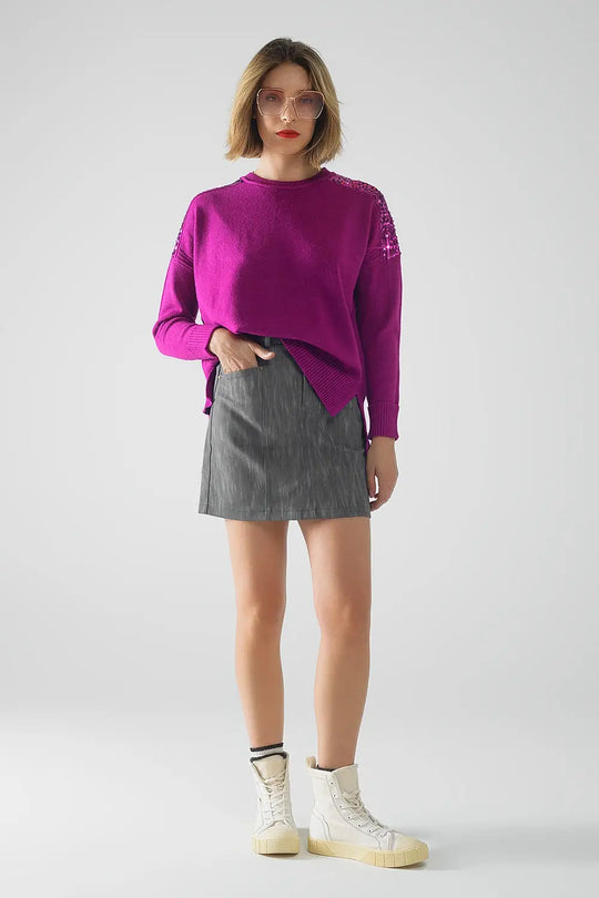 fuchsia Long Sleeves Sweater With Sequins on The Shoulders - One Size / Fuchsia - Sweaters