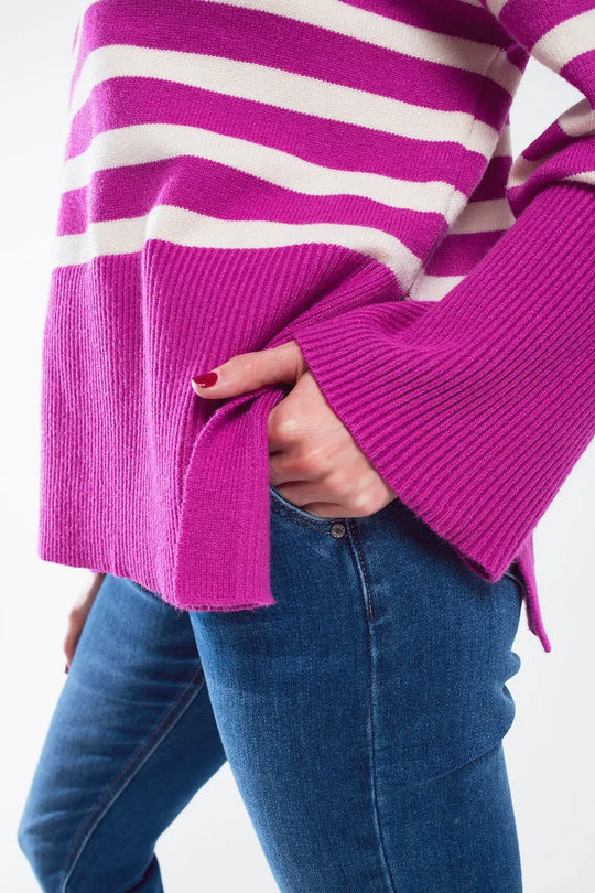 Fuchsia oversized trutleneck sweater with white stripes and splits on the side - One Size / Fuchsia - Sweaters