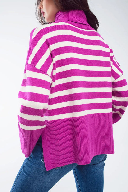Fuchsia oversized trutleneck sweater with white stripes and splits on the side - One Size / Fuchsia - Sweaters