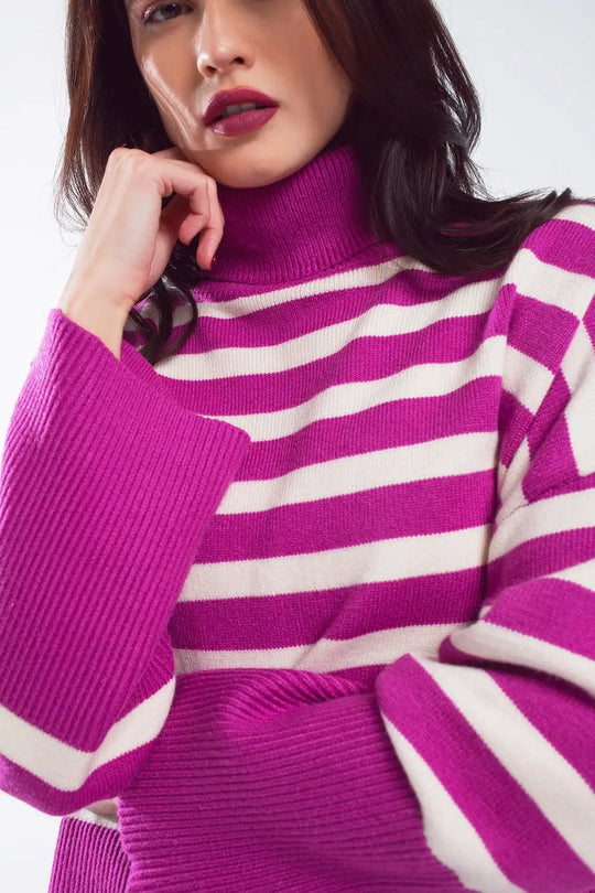 Fuchsia oversized trutleneck sweater with white stripes and splits on the side - One Size / Fuchsia - Sweaters