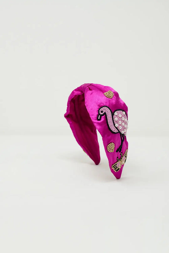 Fuchsia Satin Headband with Embroidered Flamigos - One Size / Fuchsia