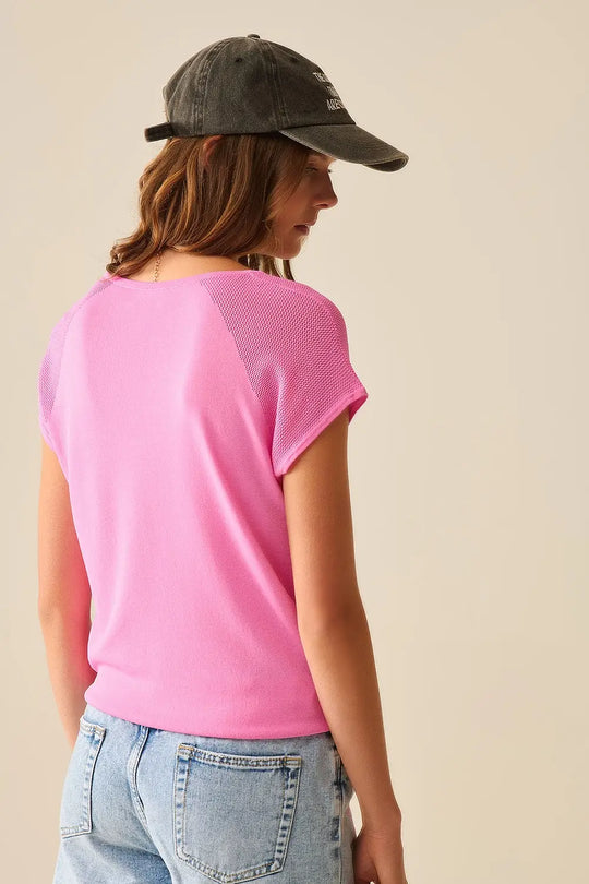 Fuchsia Short Sleeve Sweater with knitted mesh on the shoulder - One Size / Fuchsia - Sweaters