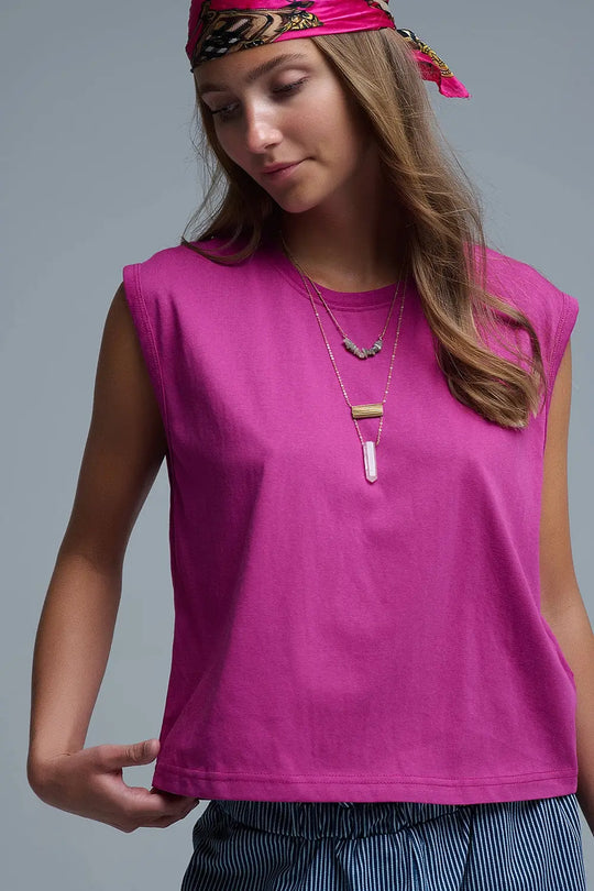Fuchsia Sleeveless cotton T-shirt - Tops
