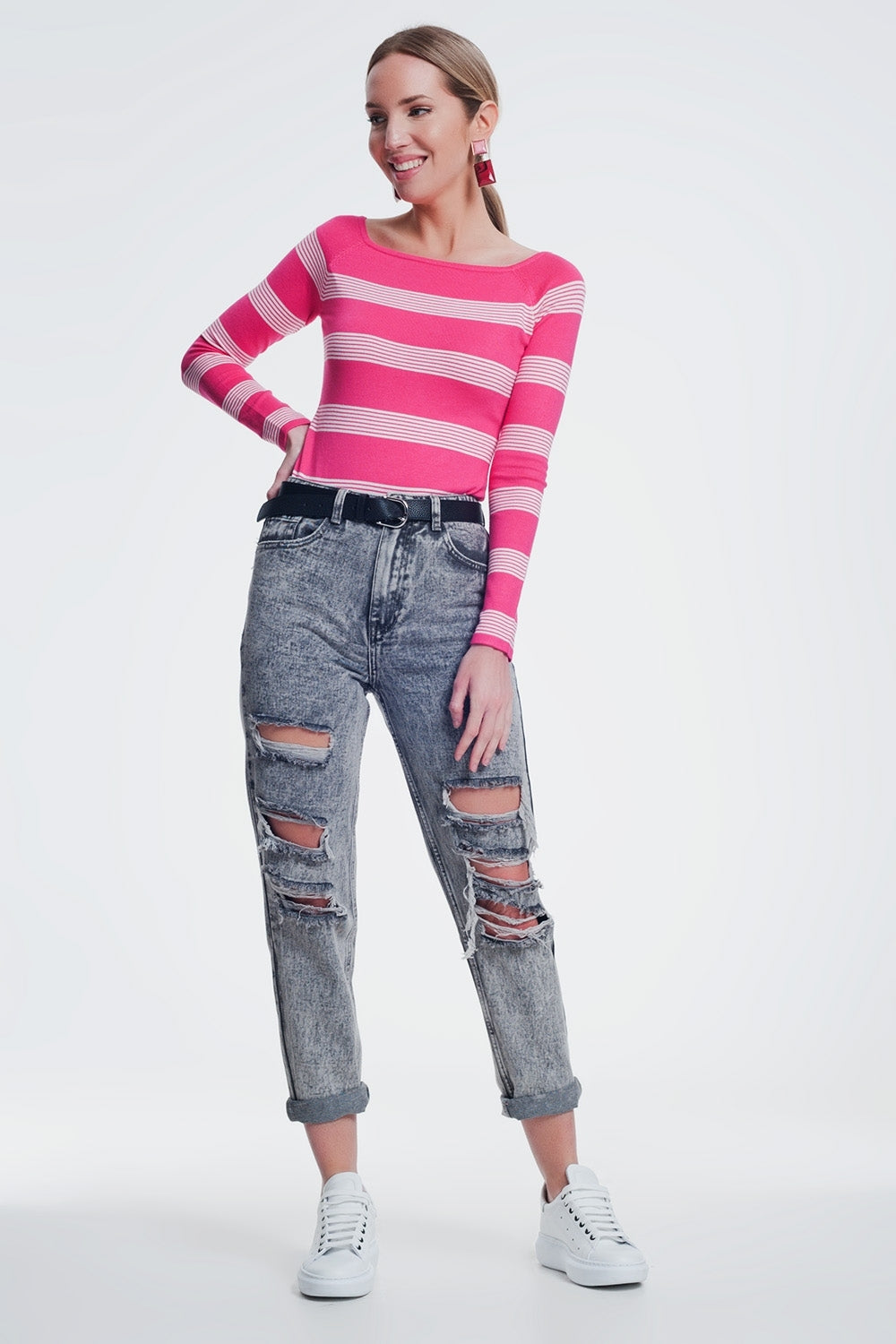 Fuchsia striped sweater with boat neck