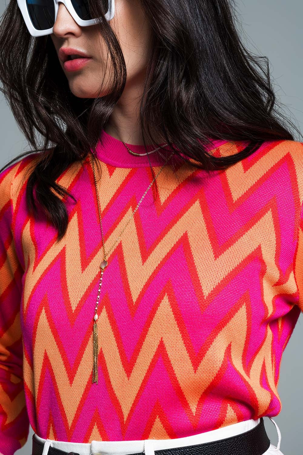 Fuchsia  sweater with  zig zag print with orange details