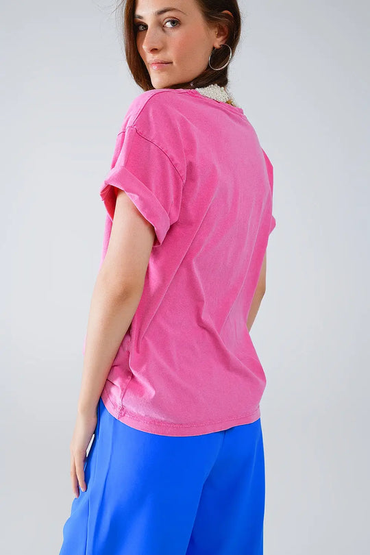 Fuchsia T-shirt With famous Names Logos At The Front - One Size / Fuchsia - Tops