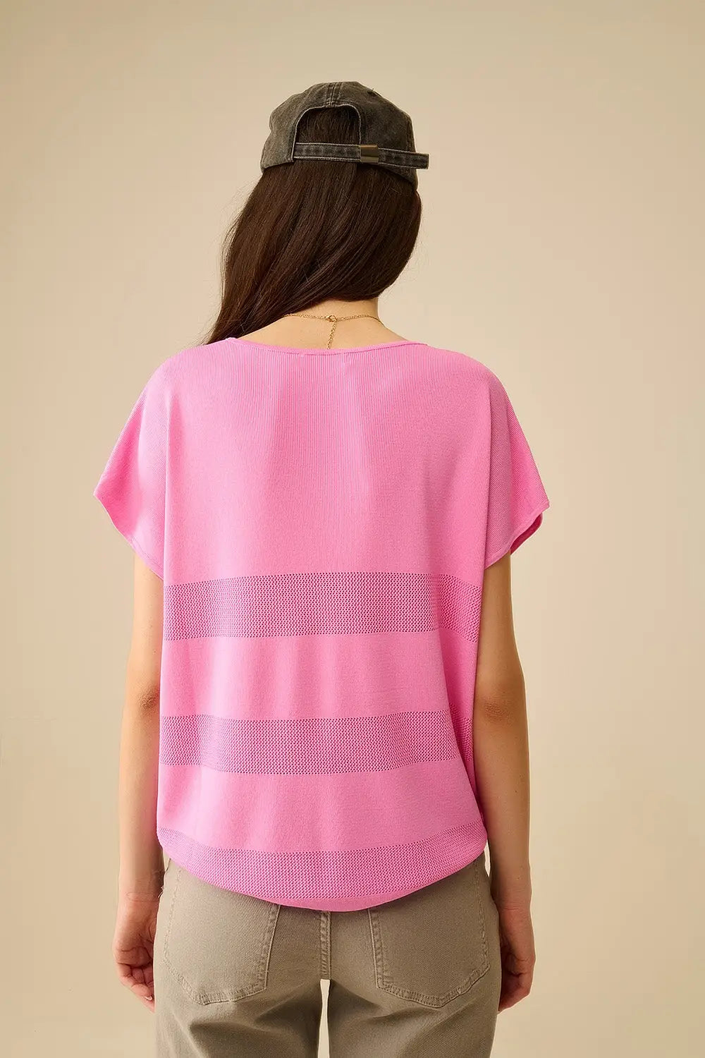 Fuchsia V-neck knit sweater with open stitch detail - One Size / Fuchsia - Sweaters