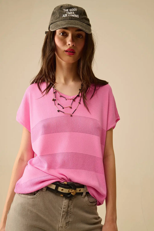 Fuchsia V-neck knit sweater with open stitch detail - One Size / Fuchsia - Sweaters
