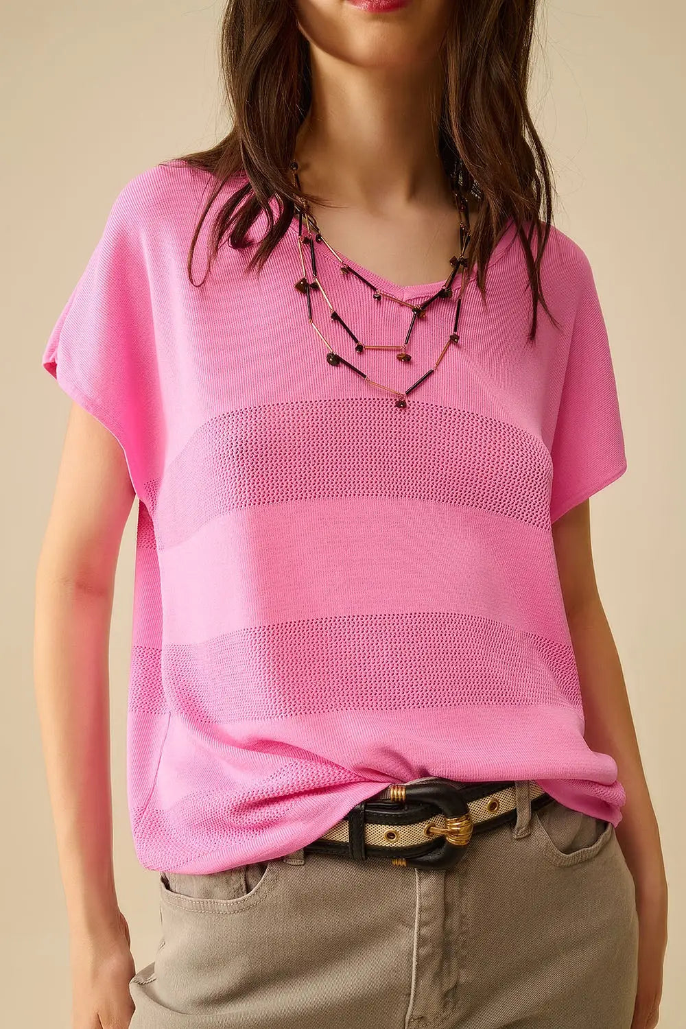 Fuchsia V-neck knit sweater with open stitch detail - One Size / Fuchsia - Sweaters