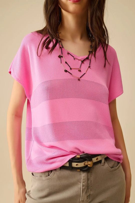 Fuchsia V-neck knit sweater with open stitch detail - One Size / Fuchsia - Sweaters