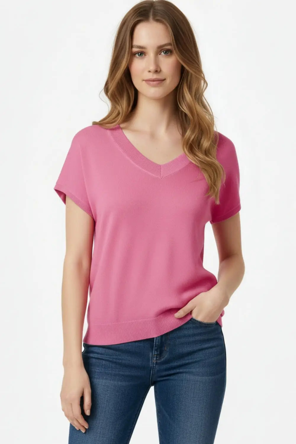 Fucshia fine knit V-neck sweater - One Size / Fuchsia - Sweaters