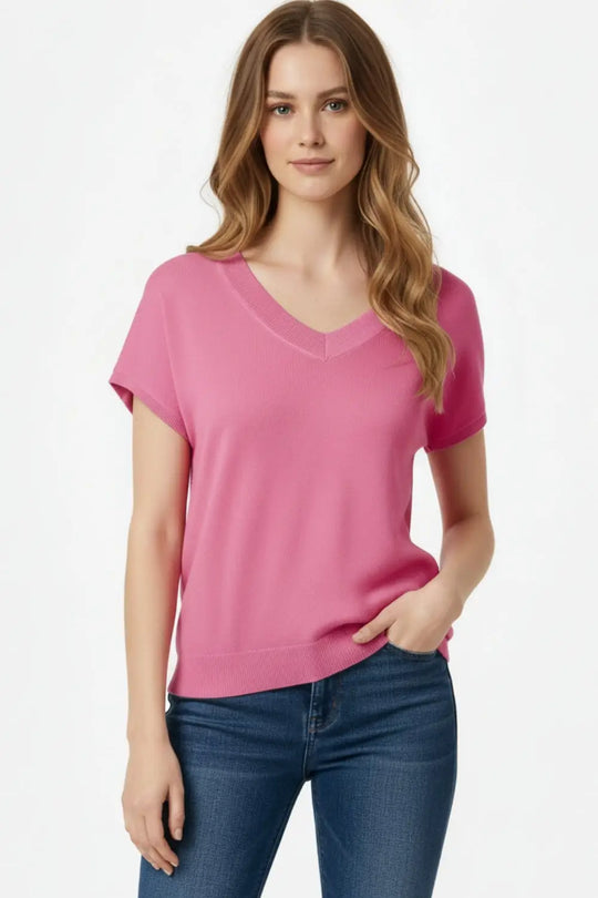 Fucshia fine knit V-neck sweater - One Size / Fuchsia - Sweaters