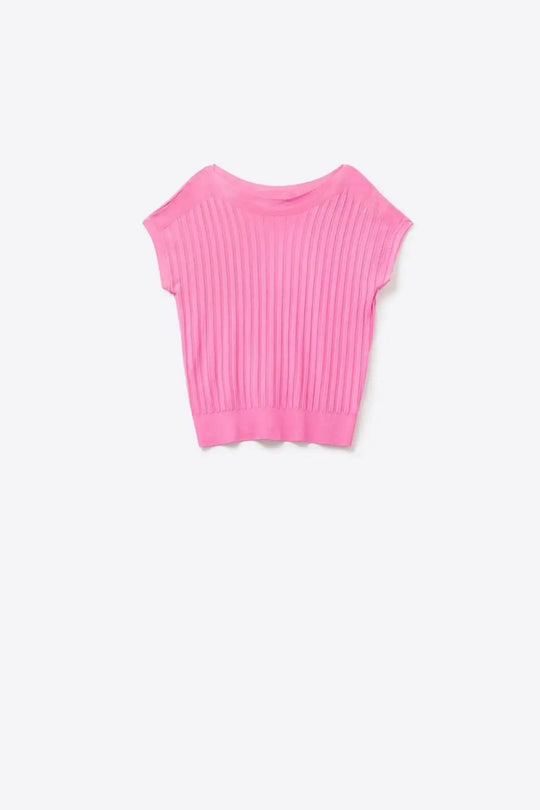 Q2 Fucshia fine Pull tricoté en côtes avec col bateau