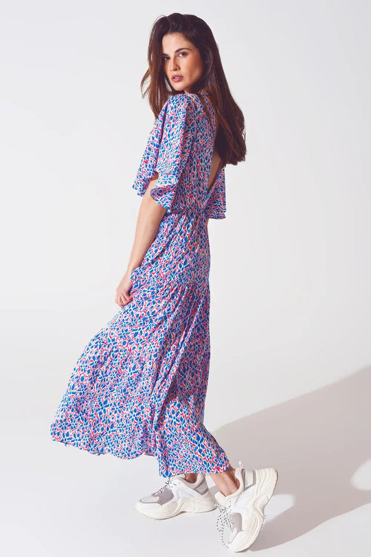 Full Length Dress With Open Tie back in Purple Print - Dresses