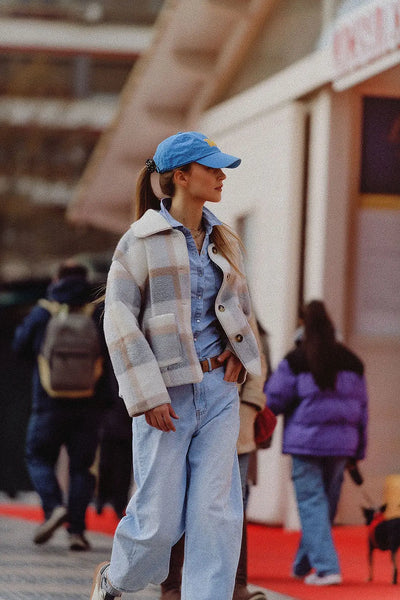 fur jacket with blue check print - Coats and Jackets