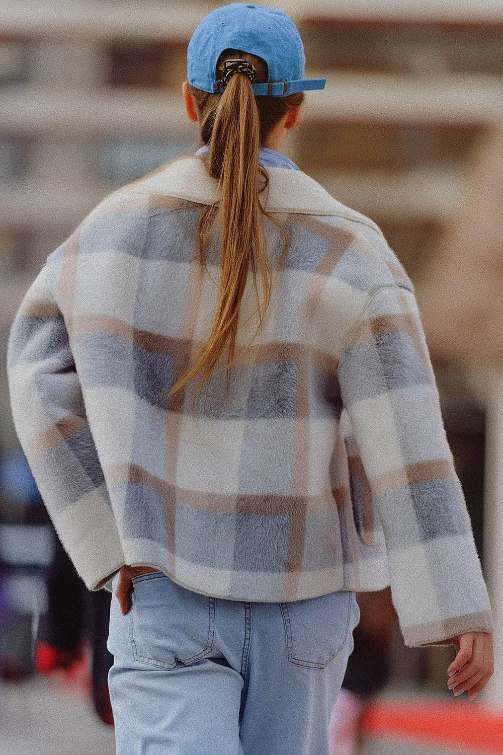 fur jacket with blue check print - Coats and Jackets