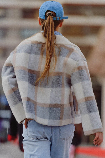 fur jacket with blue check print - Coats and Jackets