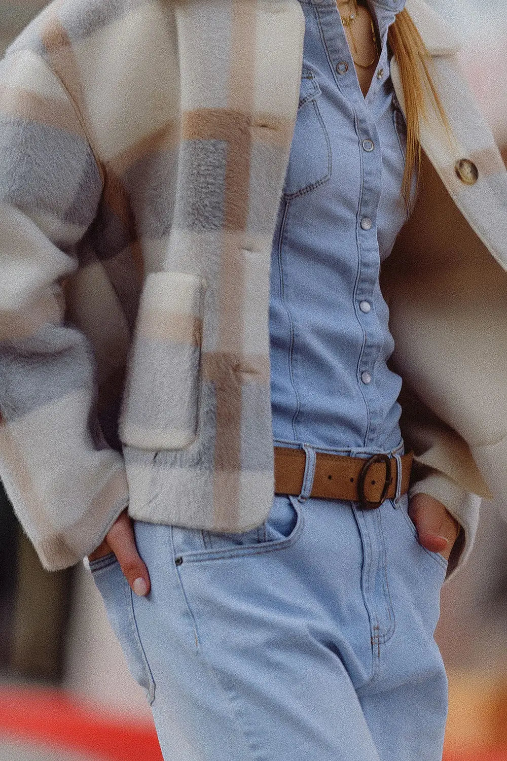 fur jacket with blue check print - Coats and Jackets