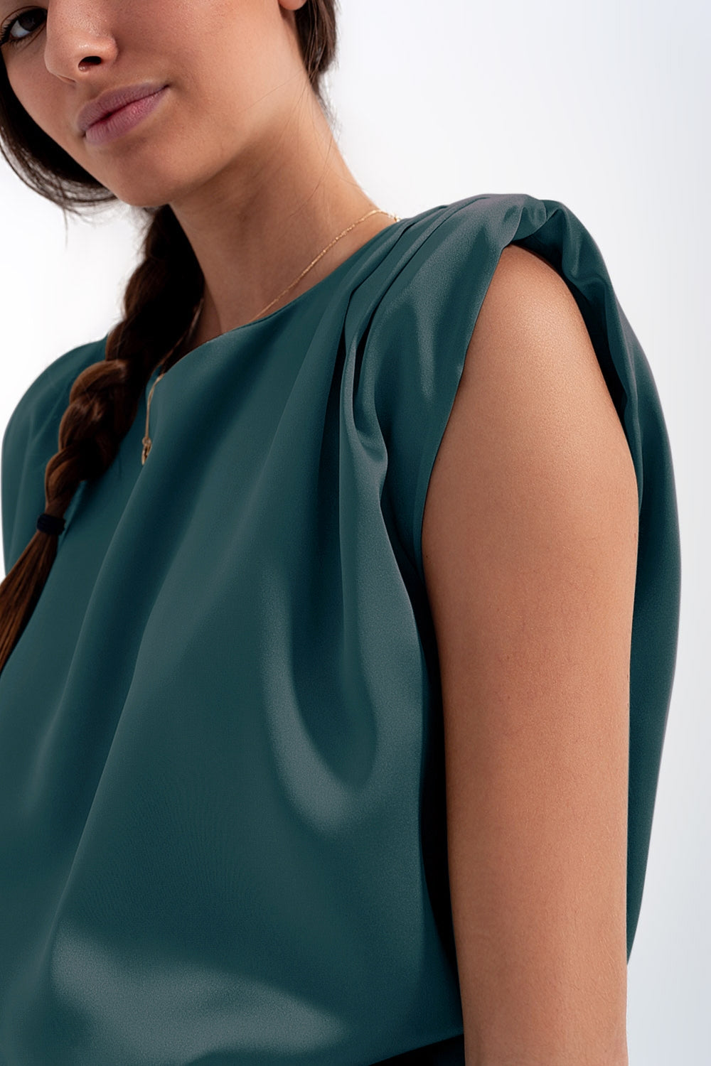 Gathered satin shoulder pad sleeveless top in green