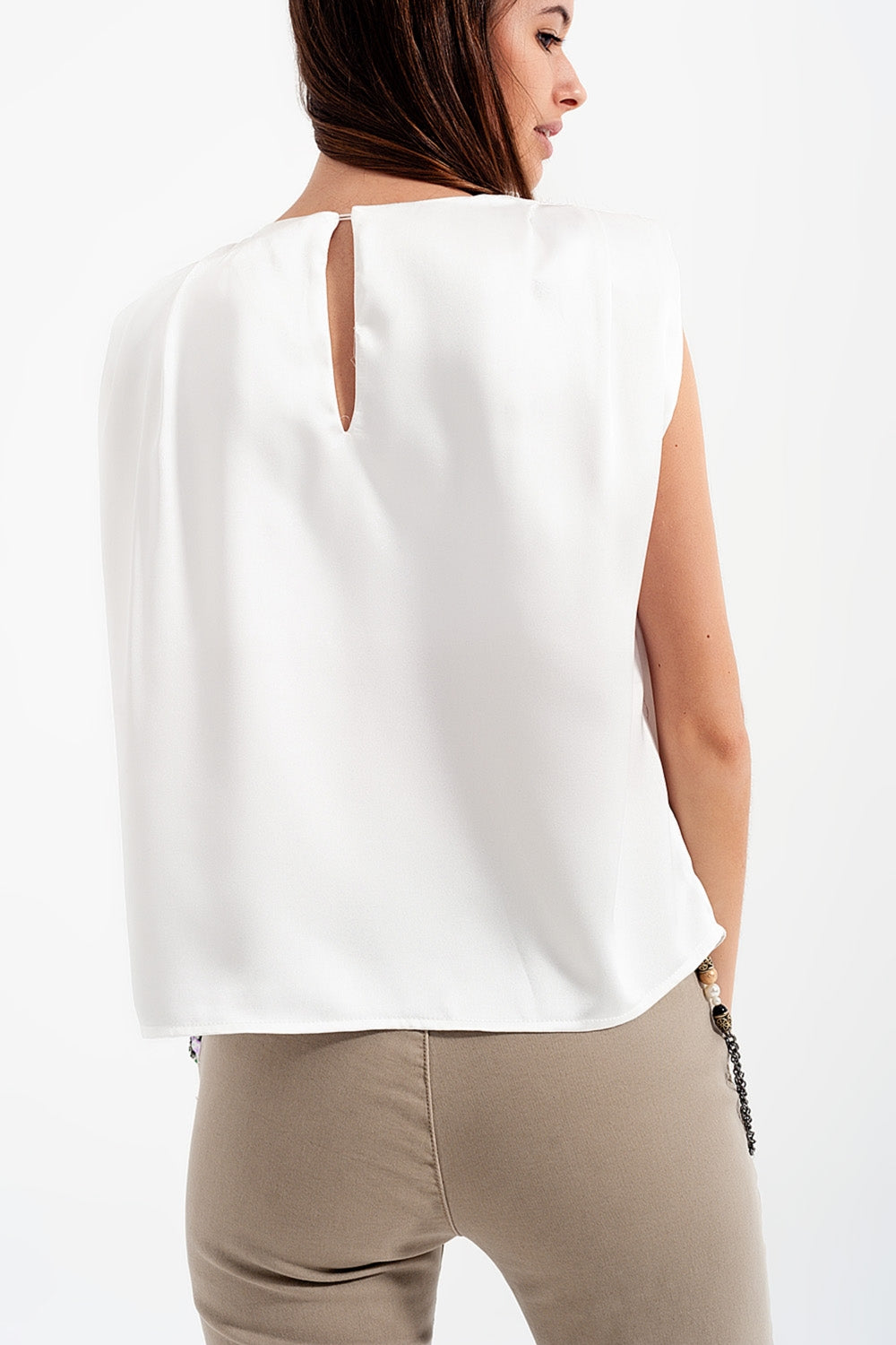 Gathered satin shoulder pad sleeveless top in white