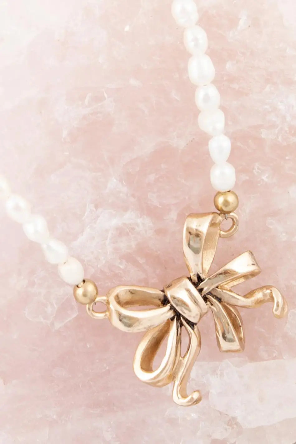 Gifted Freshwater White Pearl Golden Bow Pendant Necklace - Bracelets