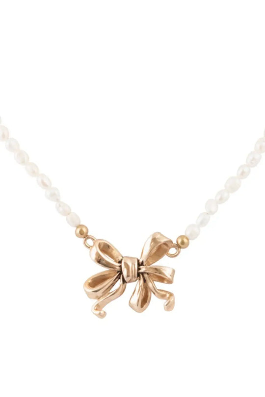 Gifted Freshwater White Pearl Golden Bow Pendant Necklace - Bracelets
