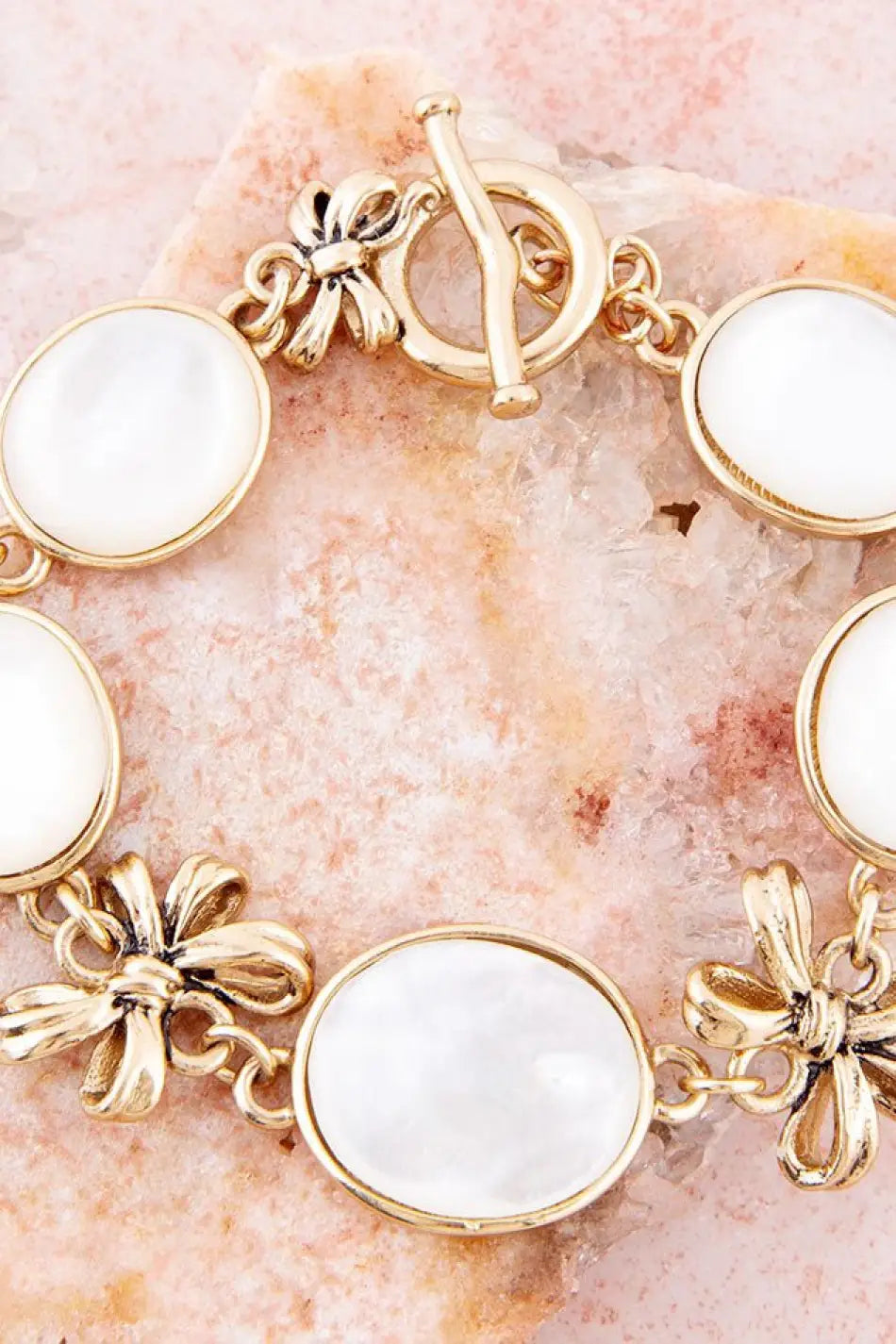 Gifted White Mother of Pearl Golden Bow Link Bracelet - Bracelets