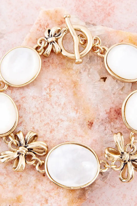 Gifted White Mother of Pearl Golden Bow Link Bracelet - Bracelets