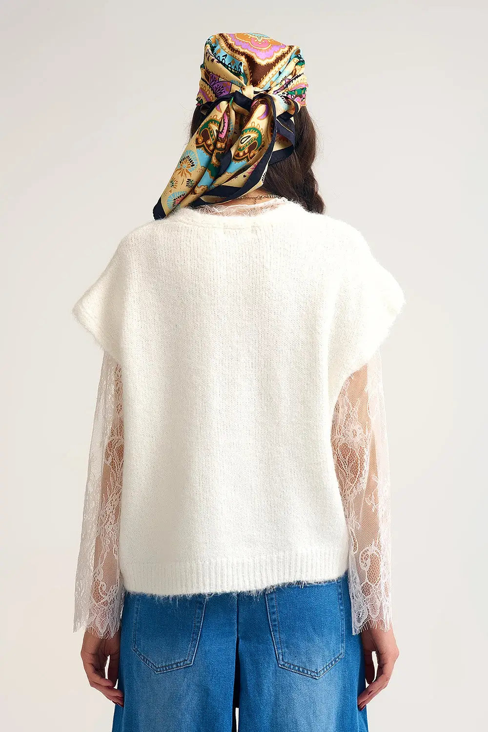 Gilet cardigan sans manches en tricot doux avec bordures en dentelle - One Size / blanc - Pulls