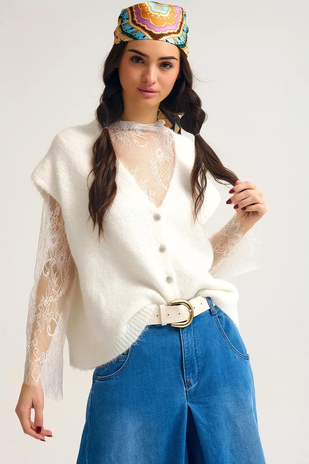 Gilet cardigan sans manches en tricot doux avec bordures en dentelle - One Size / blanc - Pulls