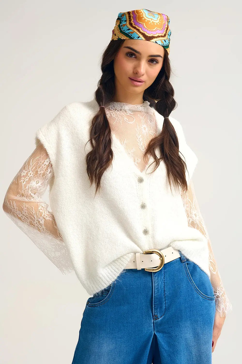 Q2 Gilet cardigan sans manches en tricot doux avec bordures en dentelle