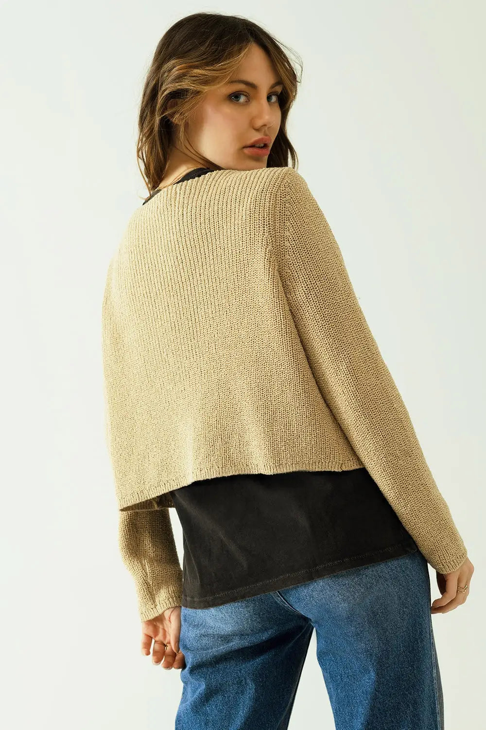 Gilet court ouvert en tricot beige à manches longues - Pulls