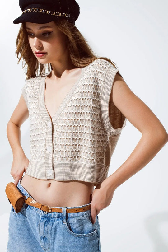 Gilet croisé en tricot avec bordures en côtes en beige - Pulls