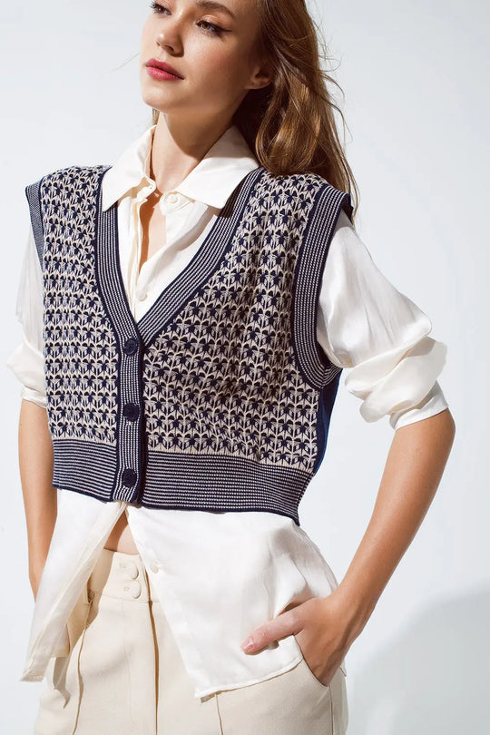 Gilet croisé en tricot avec bordures en côtes en bleu - One Size / bleu - Pulls