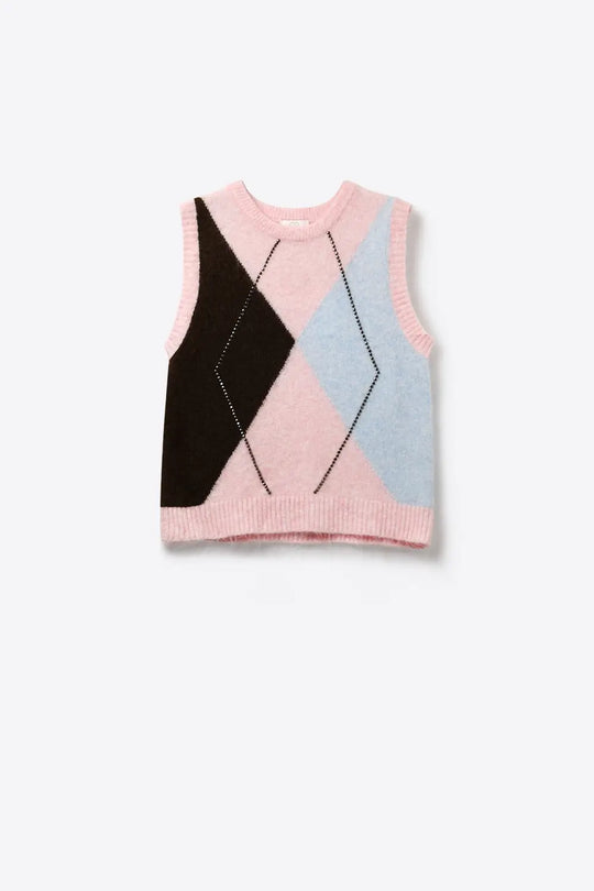 Gilet en maille duveteuse à motif losanges avec détails de clous métalliques rose - One Size / rose - Pulls
