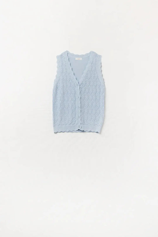 Q2 Gilet en maille pointelle avec bords festonnés en bleu bébé