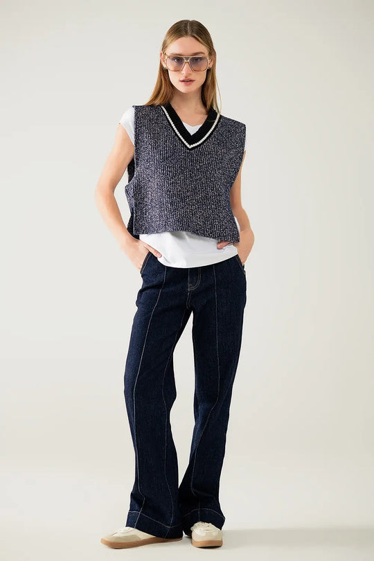 Gilet tricoté à col en V avec ouverture sur le côté - One Size / bleu - Pulls