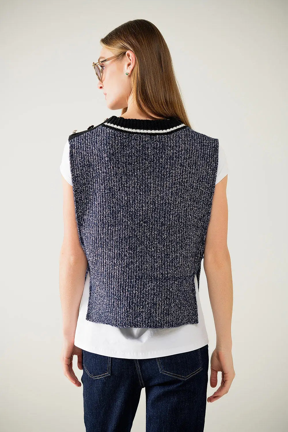 Gilet tricoté à col en V avec ouverture sur le côté - One Size / bleu - Pulls