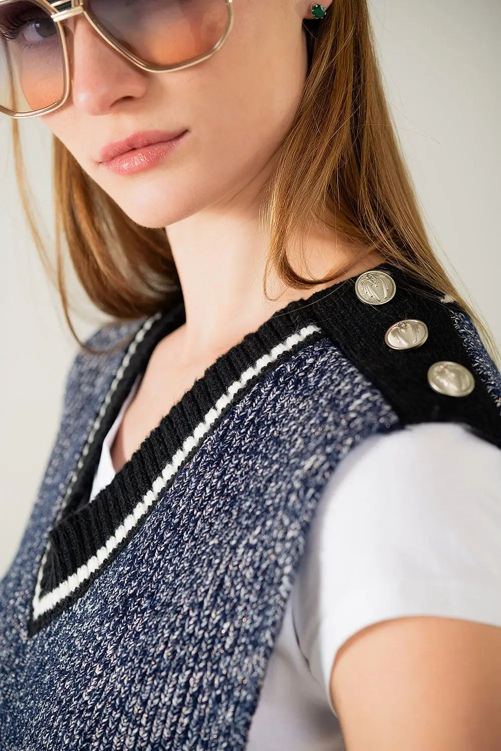 Gilet tricoté à col en V avec ouverture sur le côté - One Size / bleu - Pulls