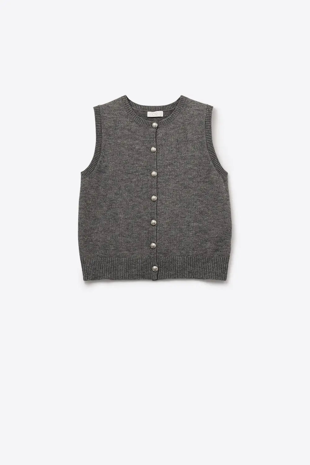 Gilet tricoté à col ras du cou et à boutons métalliques en gris - Pulls