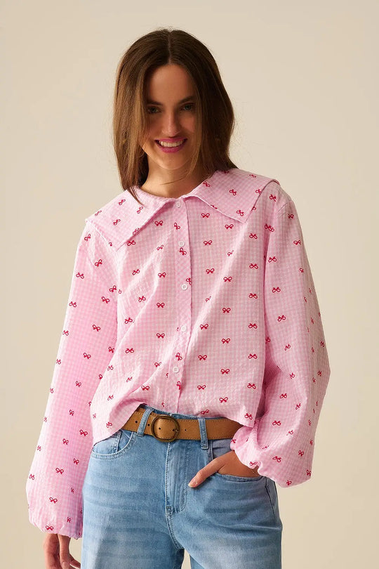 Gingham Peter Pan Collar Blouse in Pink With Bow Print - Shirts