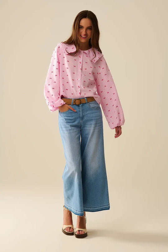 Gingham Peter Pan Collar Blouse in Pink With Bow Print - Shirts