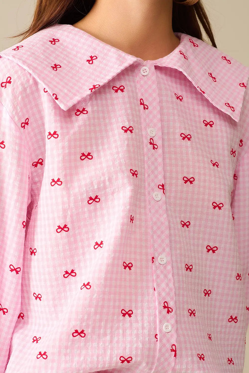Gingham Peter Pan Collar Blouse in Pink With Bow Print - Shirts