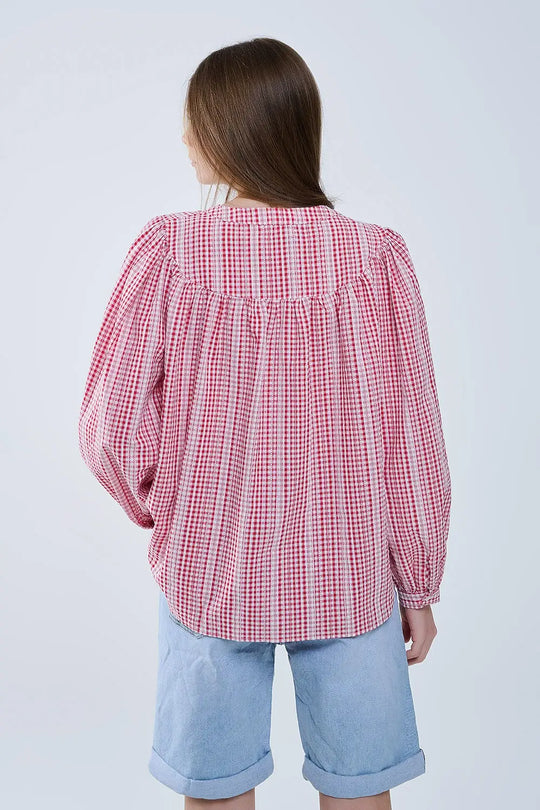 Gingham Red and White Collarless Blouse With Wide Sleeves - Shirts