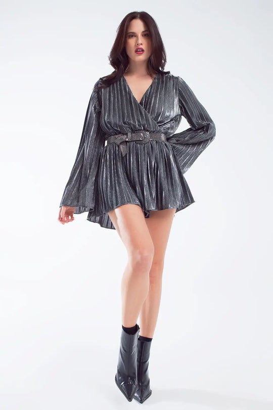 Glitter playsuit in silver with V neck - Dresses