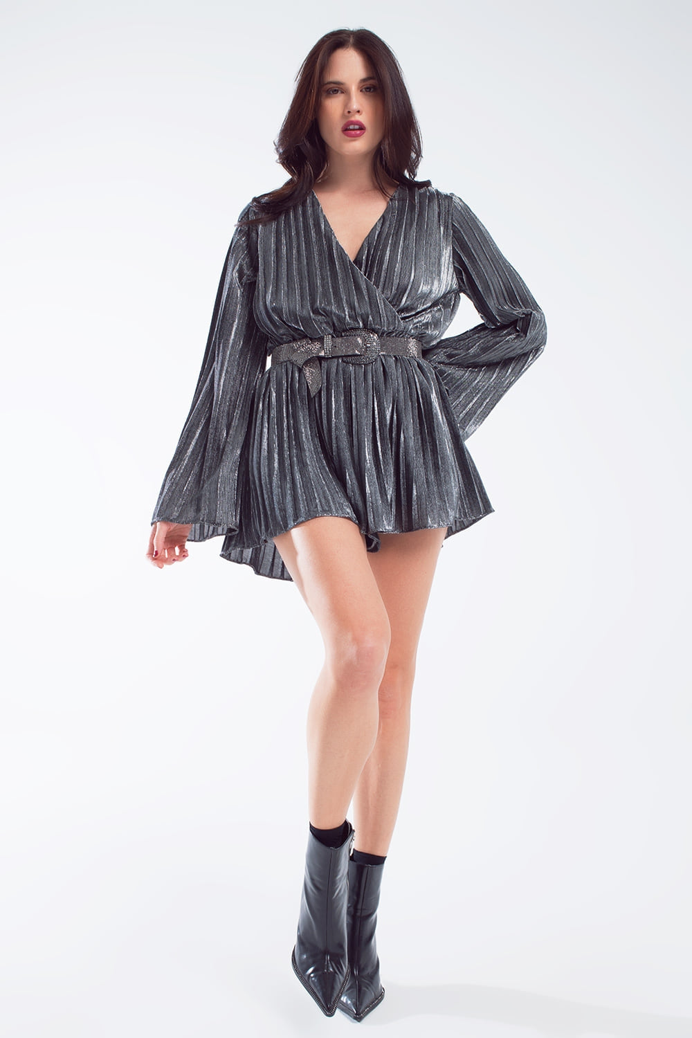 Glitter playsuit in silver with V neck