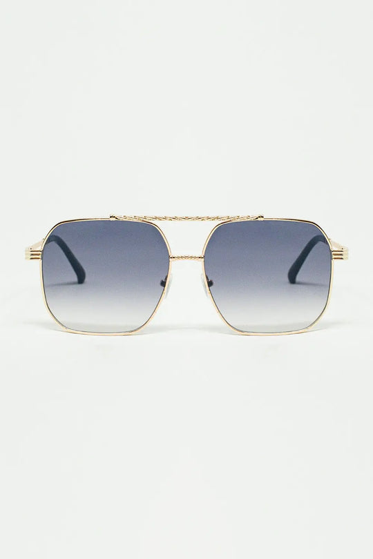 Q2 gold square frame sunglasses in ombre blue