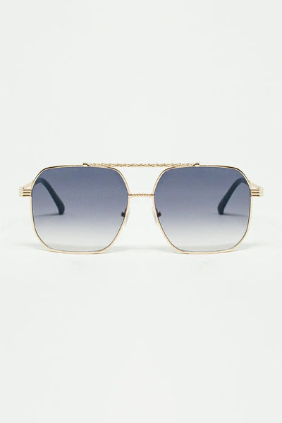 Q2 gold square frame sunglasses in ombre blue