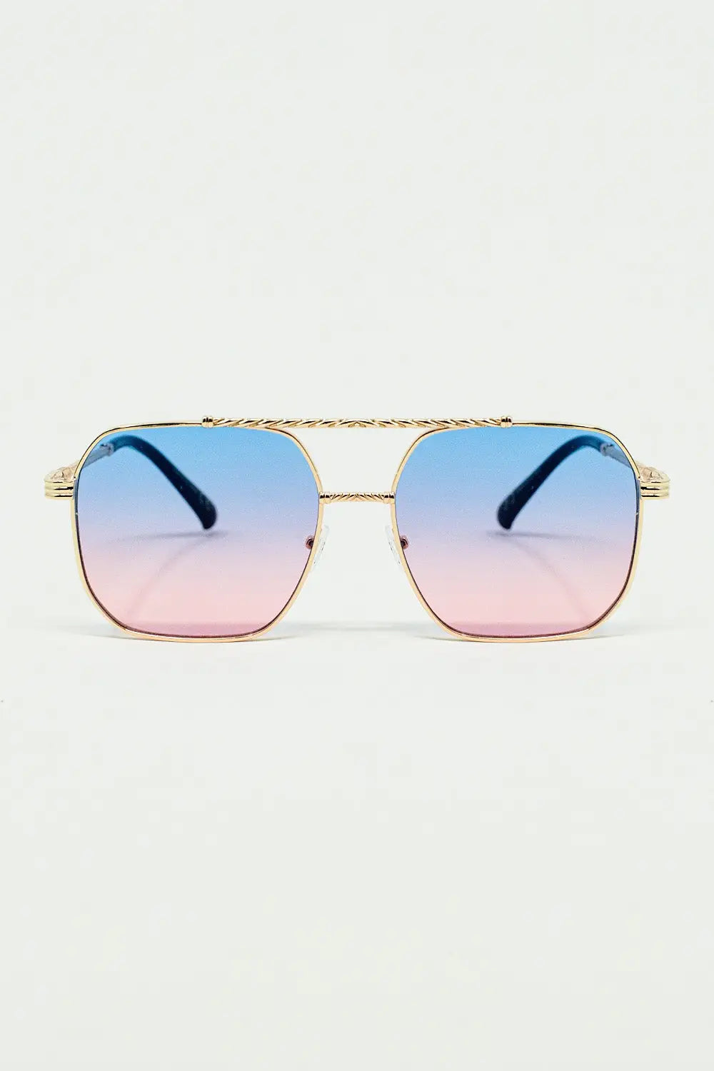 Q2 gold square frame sunglasses in ombre light blue with pink