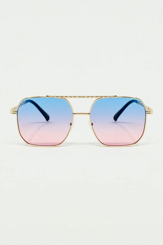 Q2 gold square frame sunglasses in ombre light blue with pink